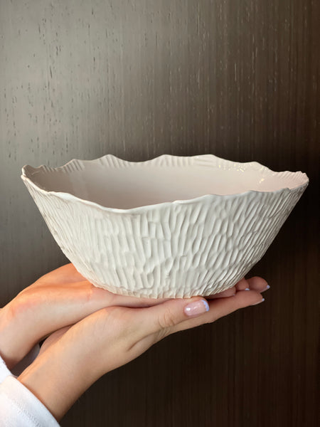 Hand-carved porcelain bowl glazed in arctic white